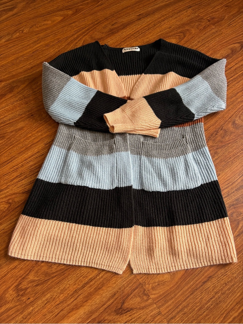 Ecowish Striped Knit Cardigan in Black, Light Blue & Peach